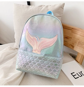 Detail of holographic mermaid backpack showing scale texture and sequin tail embroidery