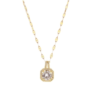 Gold square pendant necklace with central zircon and lip chain on white background