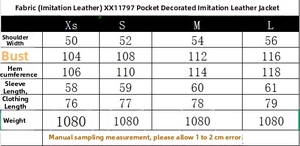 Detailed size chart for faux leather motorcycle jacket showing dimensions and weight info