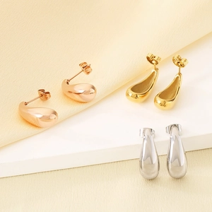 Polished 18k gold plated teardrop stud earrings set in gold, rose gold and silver finish