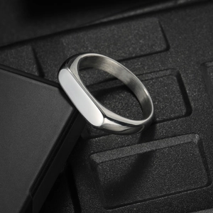 Minimalist silver rectangular signet ring in polished stainless steel for women