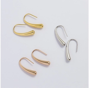 Polished teardrop hook earrings in gold, silver, and rose gold finishes with smooth metal surface