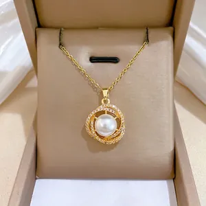 Pendant Necklace Stainless Steel Artificial Pearl Cubic Zirconia Elegant Bird's Nest Design Luxury Clavicle Chain Jewelry Women