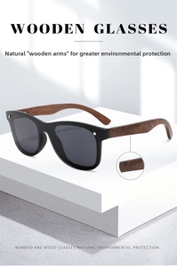 Detail of eco-friendly bamboo wood temples on polarized matte black sunglasses