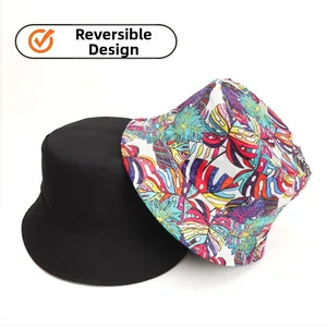 Close-up of the reversible bucket hat showing clean stitching and vibrant leaf print