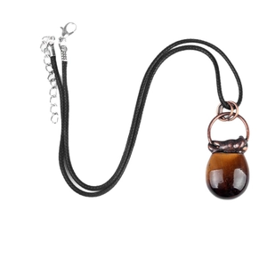 Vintage teardrop tiger eye stone pendant with antique bronze inlay on black cord