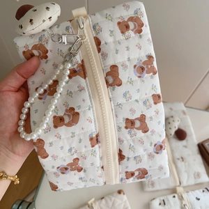 Detail of quilted bear handbag featuring floral patterns and a pearl bear keychain