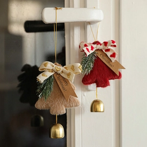 Christmas tree plush ornaments with gold bells in red and beige for festive door decoration