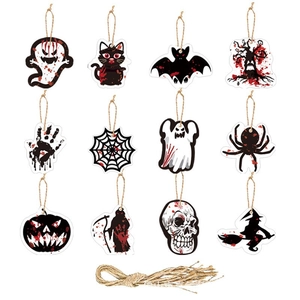 Set of 12 Halloween hanging ornaments featuring ghosts, bats and cats with rustic hemp rope