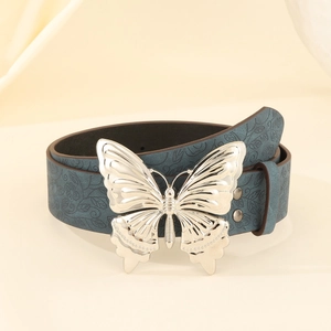 Blue PU leather belt with floral embossing and vintage silver butterfly buckle