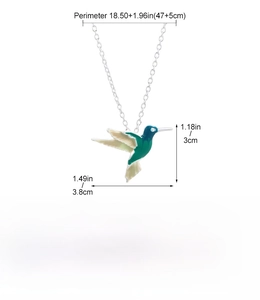 Detailed dimension guide for hummingbird necklace showing size 3.8cm by 3cm and 52cm chain