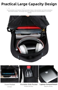 Detail showing 15.6 inch laptop compartment and front pockets of black oxford backpack