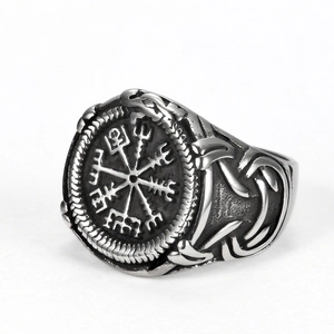 Vintage silver stainless steel Viking Vegvisir ring with Celtic knot side patterns