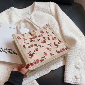 Floral Handbag Canvas Linen Tote Bag Vintage Rose Print Cotton Rope Handle Wooden Button Casual Square Portable For Women