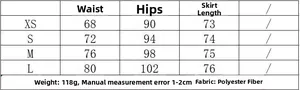 Detailed size chart for lace trim satin skirt including waist, hip and length measurements
