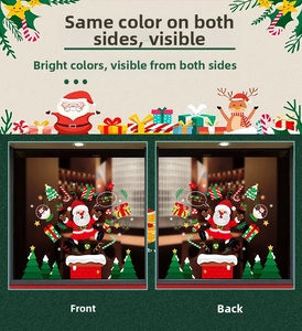 Detailed close-up showing double-sided colorful Christmas static stickers on glass