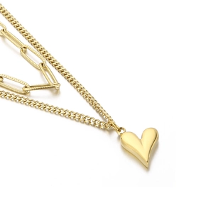 Collier double rang doré en acier avec maille trombone et pendentif cœur