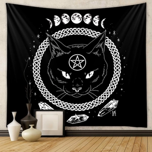 Mystical black cat wall tapestry with moon phases and celestial crystals for home decor