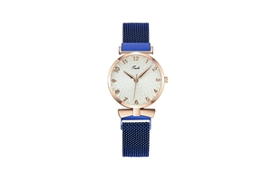 Détails de montre à quartz or rose avec cadran tournesol et bracelet aimanté bleu
