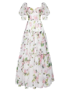 Robe longue en organza à fleurs avec manches bouffantes et jupe à plusieurs niveaux