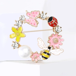Charming floral wreath brooch with bee, ladybug, pink butterfly and white pearl accents