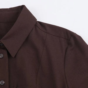 Close-up detail of coffee brown shirt dress lapel collar and functional buttons texture