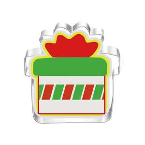 Macro view of gift box shaped stainless steel cookie cutter with colorful printed pattern