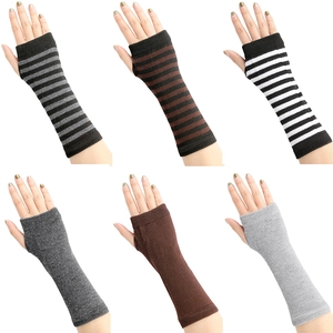Striped knitted fingerless arm sleeves set in black, grey and brown gothic styles