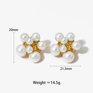 Elegant gold stainless steel pearl earrings in firework cluster design 20mm x 21mm