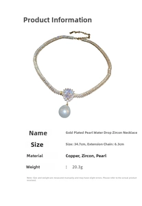 Close-up of gold plated pearl and teardrop zircon necklace with detailed dimensions