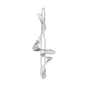 Macro detail of irregular liquid metal hair clip with silver wavy texture and sleek finish