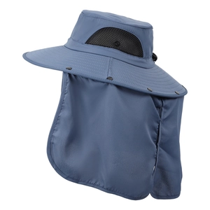 Men's outdoor wide brim fishing sun hat with neck flap and mesh vents in blue gray