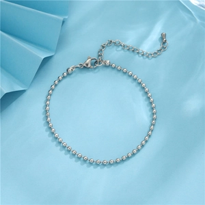 Detail of silver 304 stainless steel bead chain bracelet with lobster clasp and extender