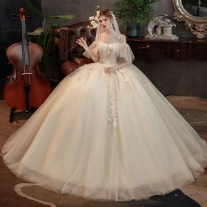 Elegantes champagnerfarbenes Brautkleid mit floraler Stickerei und Pailletten