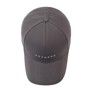 Classic dark grey six-panel baseball cap with white narason embroidery on white background