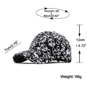 Black baseball cap with red-eye skull prints and size measurements from a 45-degree angle