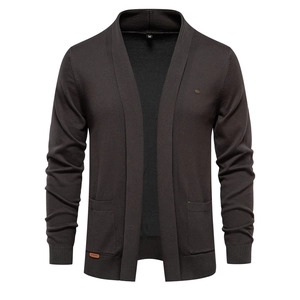 Detailed knit texture and patch pocket on high-quality dark grey cardigan sweater
