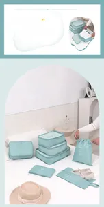 Detail of mint green travel organizers set arranged on a white bed for easy packing