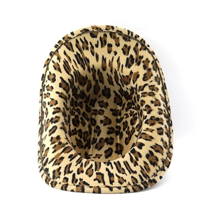 Top view of leopard print wool western cowboy hat showing inner lining and wide brim