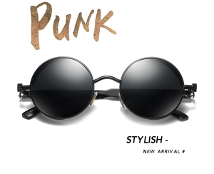 Detail view of punk style round sunglasses featuring a unique metal spring temple hinge