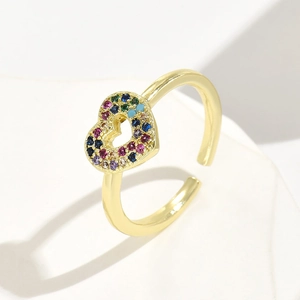 Rainbow Cubic Zirconia Heart Open Ring 18K Gold Plated Copper Geometric Adjustable Fashion Jewelry For Women