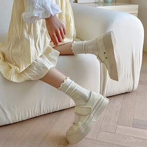 Beige Mary Jane platform shoes with cute white ruffle mid-calf socks for women