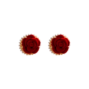 Elegant gold plated red velvet rose earrings with pearls and silver needle studs
