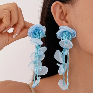 Bohemian blue lace flower tassel earrings with handcrafted beads for women