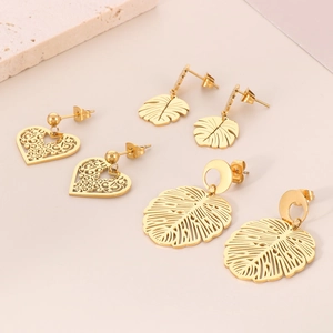 18K gold plated stainless steel earring set with hollow heart and leaf shaped drops