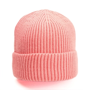 Detailed view of pink thick ribbed knit beanie with soft texture and folded cuff design