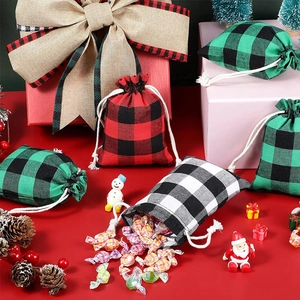 Christmas cotton drawstring gift bags in red, green, and white checkered patterns