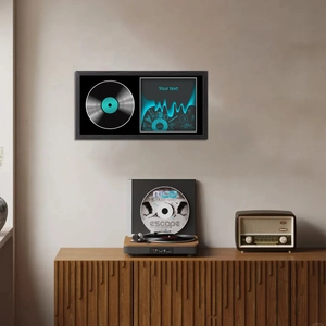 Black rectangular wall frame for vinyl records with customizable art panel for home decor