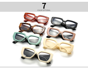 Top view of retro square eyewear frames displayed in seven assorted colors on white background