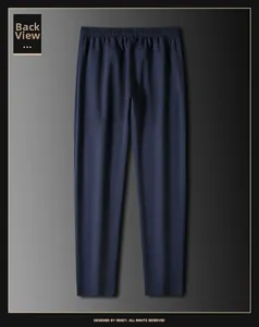 Vista trasera de pantalones deportivos azul marino con cintura elástica y corte recto